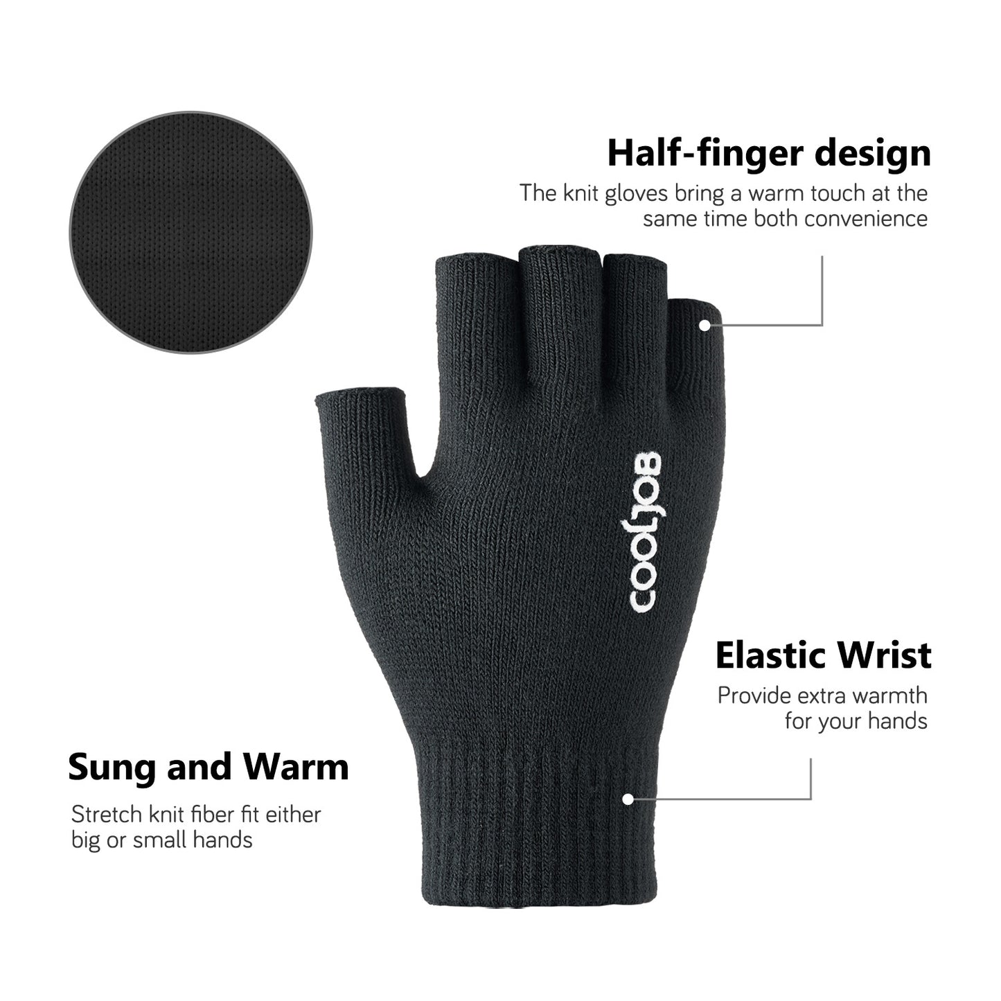 COOLJOB 2 Pairs Warm Knit Fingerless Gloves, Half Finger Winter Stretchy Mittens with Non-Slip Silicone Grip