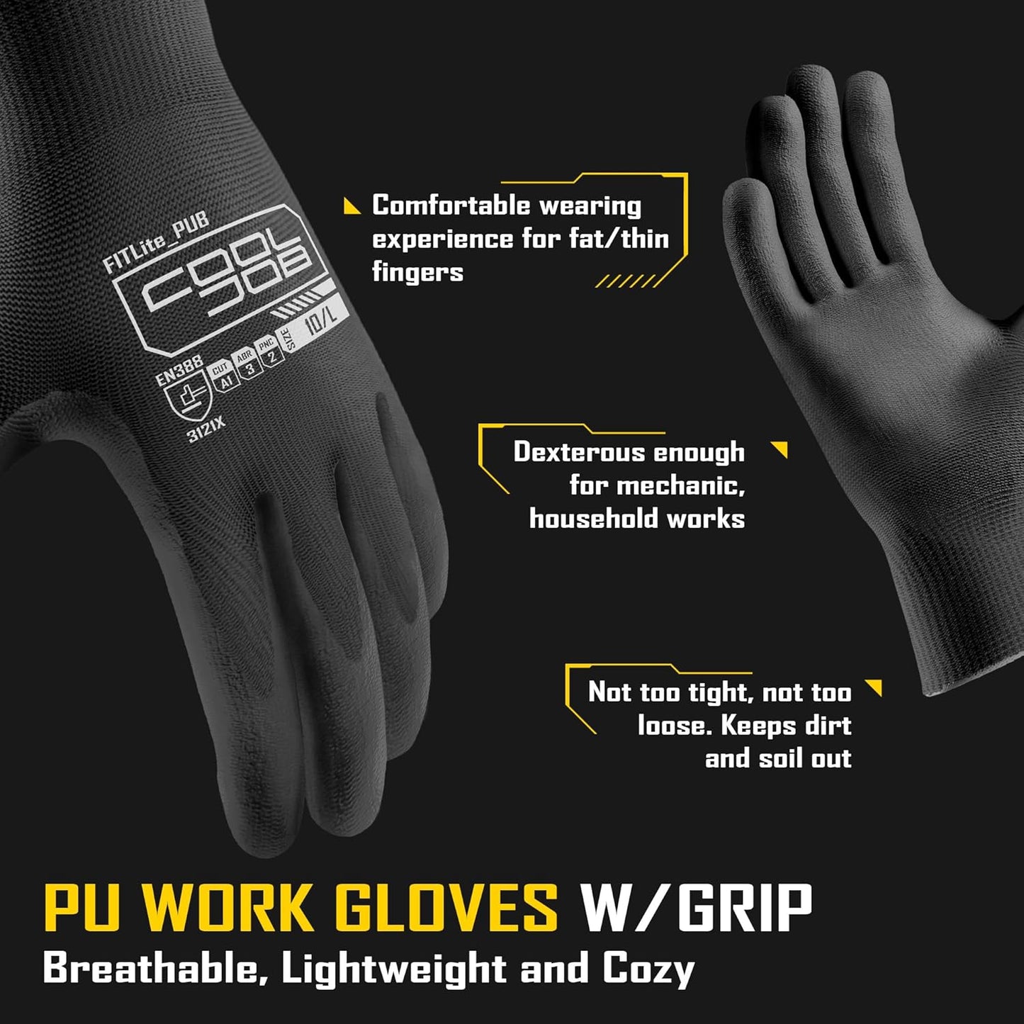 COOLJOB 12/60/120 Pairs Safety Work Gloves Pack Bulk with Grip PU Coating(Black)