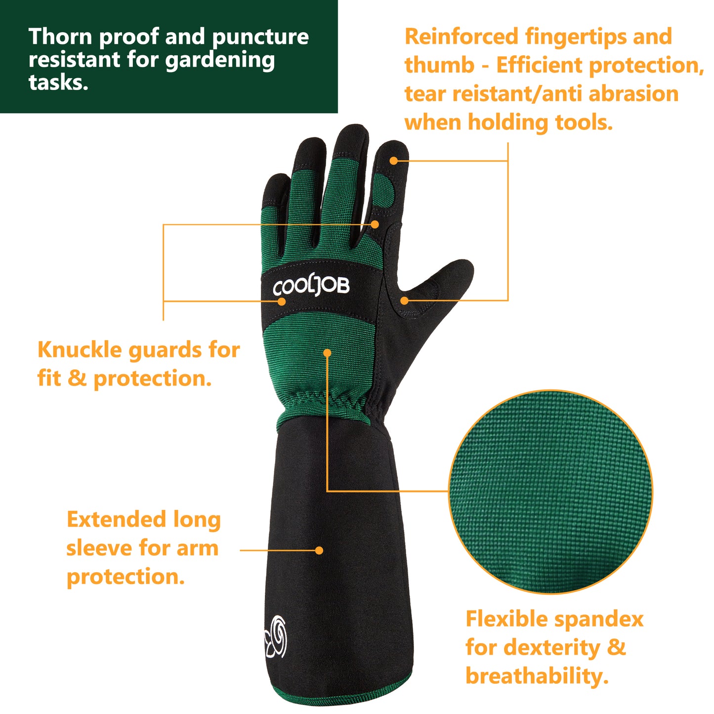 COOLJOB Thorn Proof Rose Pruning Garden Gloves, Longer Sleeve, Puncture Resistant (Green)