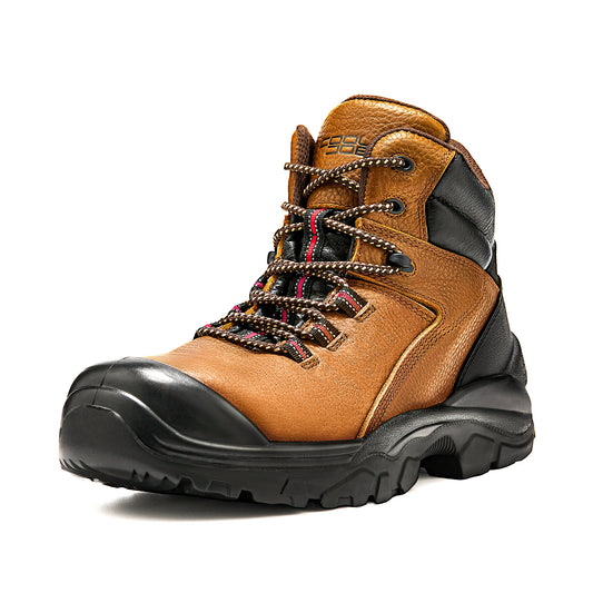 COOLJOB Steel Toe Work Boots for Men, Anti-spark Full Grain Leather Safety Shoes, Non-slip PU Outsole, Brown