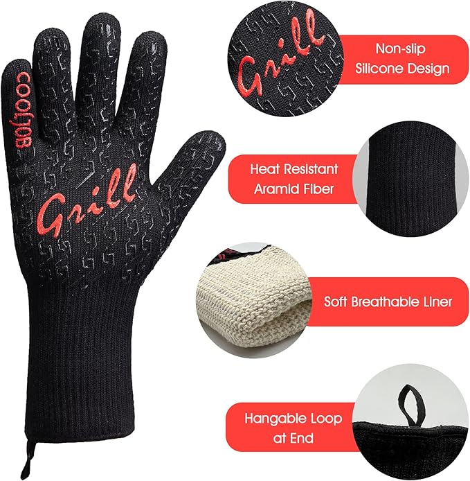 COOLJOB Heat Resistant BBQ Gloves for Hot Temperature Cooking, Barbecue Grilling