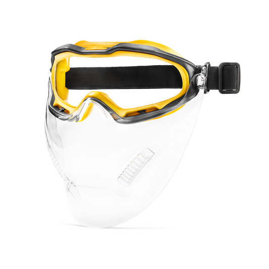 COOLJOB Safety Goggles with Face Shield, designed to be worn over glasses, featuring anti-fog clear lenses, ANSI Z87.1 impact resistance, UV protection, and an adjustable headband.