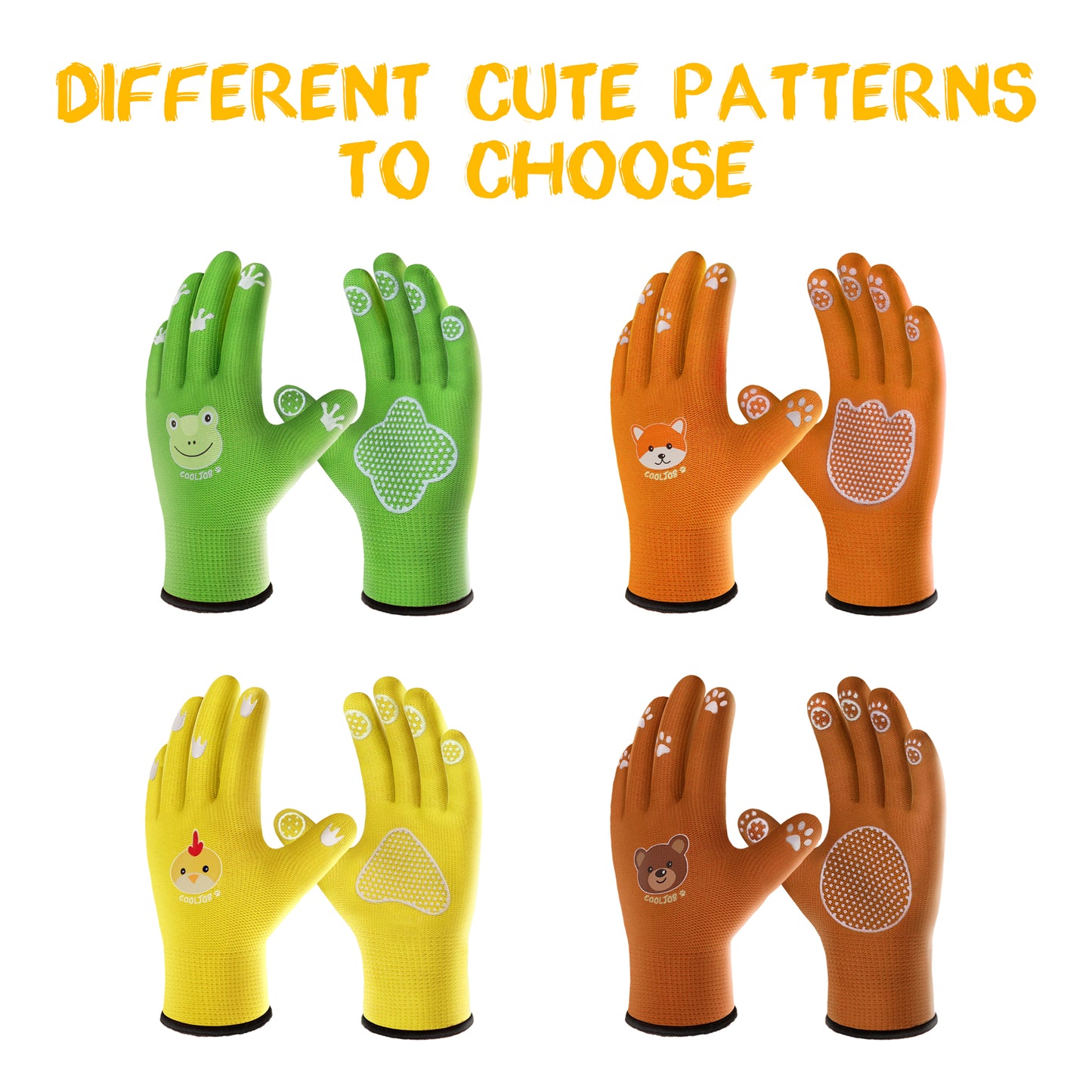 COOLJOB Breathable Toddler Work Gloves for Gardening, Nylon Kids Garden Gloves with Grip, Children Yard Gloves, Green & Orange, 2 Pairs