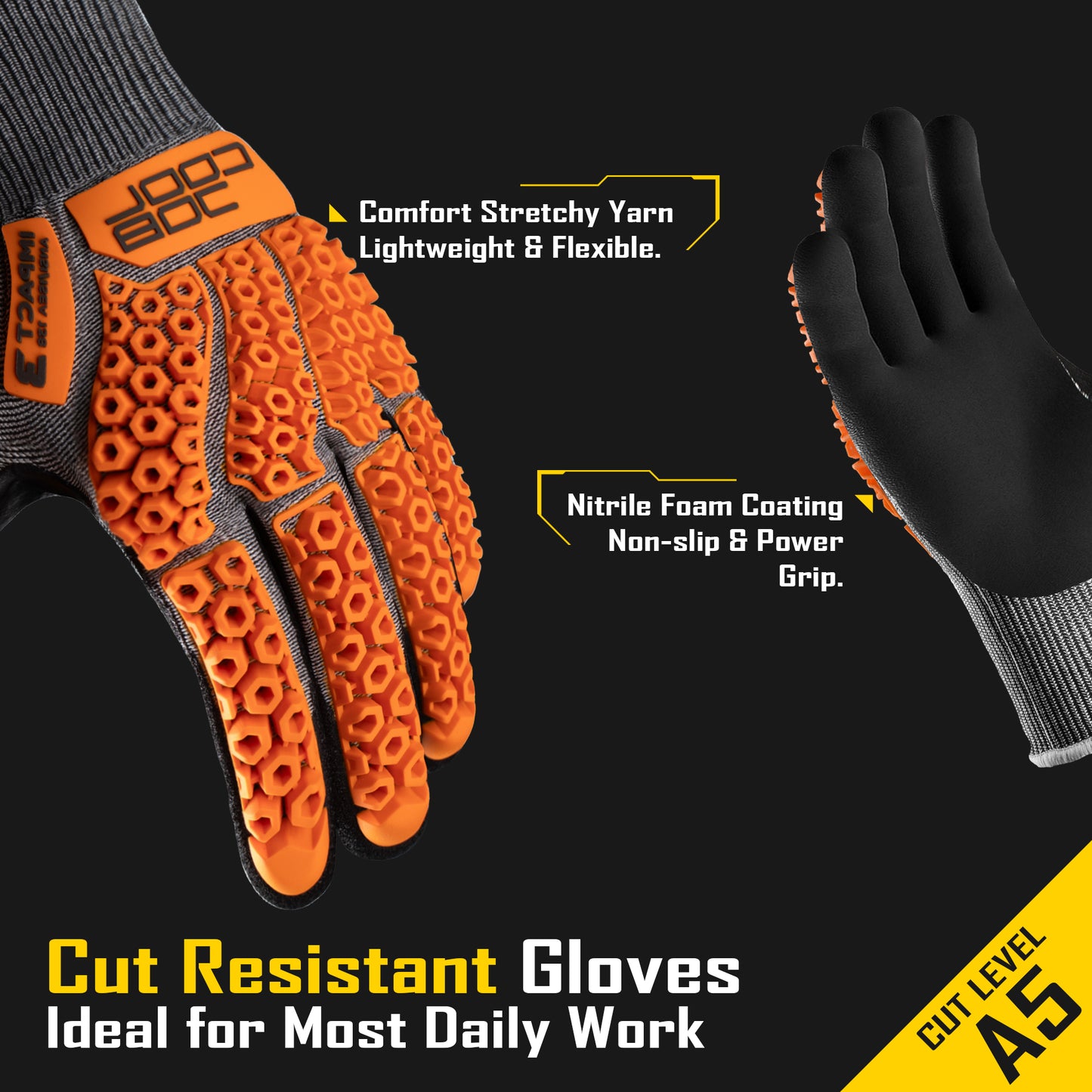 COOLJOB A5 Cut Resistant Gloves with Impact Resistant TPR