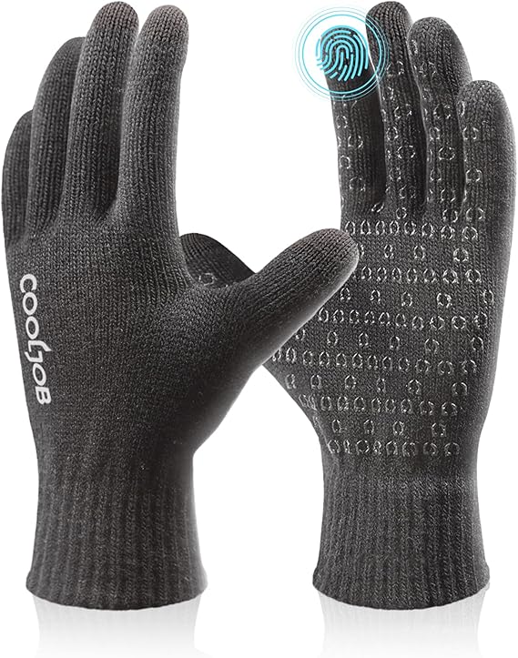 COOLJOB Warm Fleece Knit Winter Gloves, Touch Screen Fingers, Non-slip Silicone Grip and Elastic Cuff