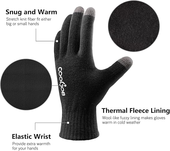 COOLJOB Warm Fleece Knit Winter Gloves, Touch Screen Fingers, Non-slip Silicone Grip and Elastic Cuff