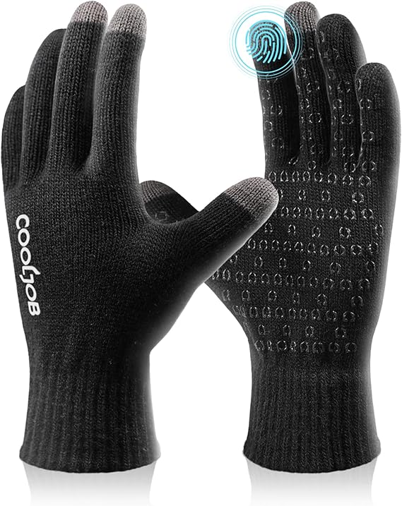 COOLJOB Warm Fleece Knit Winter Gloves, Touch Screen Fingers, Non-slip Silicone Grip and Elastic Cuff