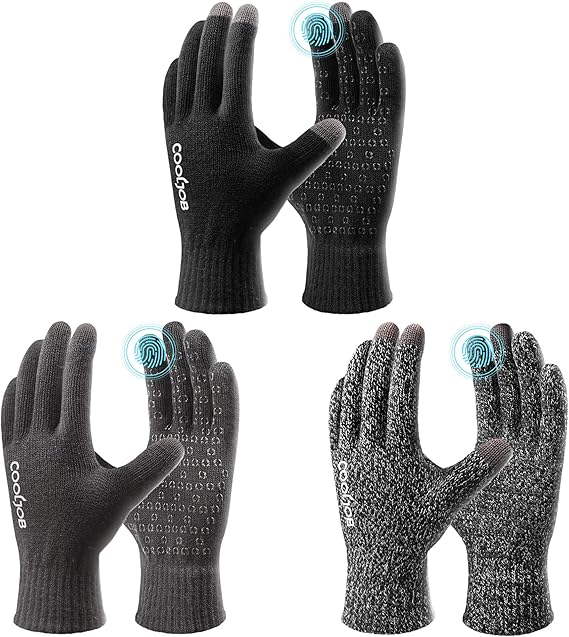 COOLJOB Warm Fleece Knit Winter Gloves, Touch Screen Fingers, Non-slip Silicone Grip and Elastic Cuff