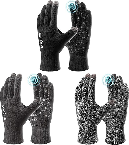 COOLJOB Warm Fleece Knit Winter Gloves, Touch Screen Fingers, Non-slip Silicone Grip and Elastic Cuff