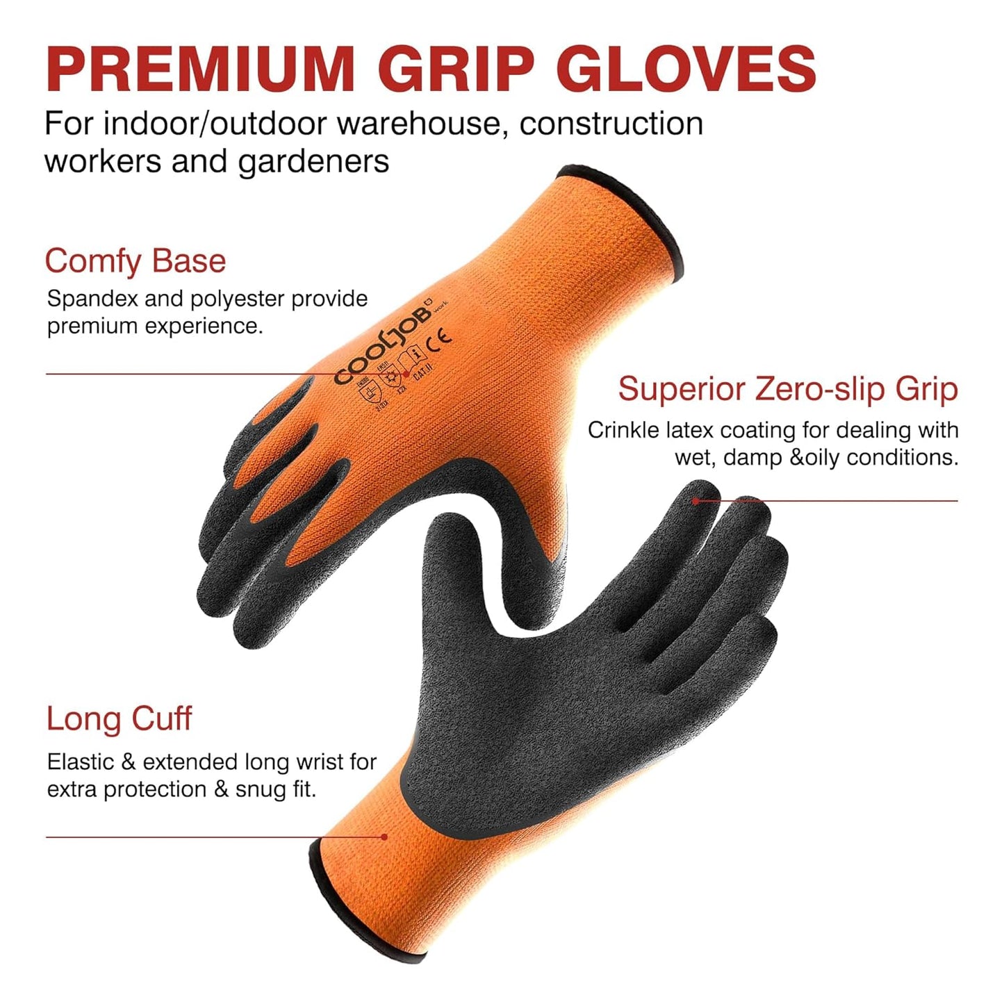 COOLJOB Safety Work Gloves with Grip Latex, Rubber Dipped Gloves
