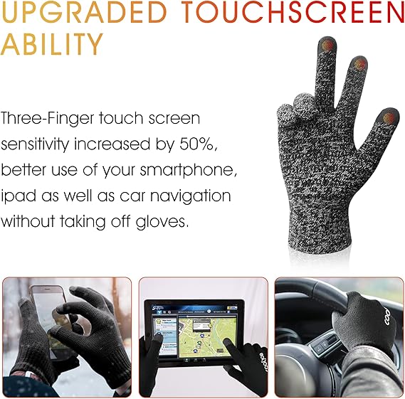 COOLJOB Warm Fleece Knit Winter Gloves, Touch Screen Fingers, Non-slip Silicone Grip and Elastic Cuff