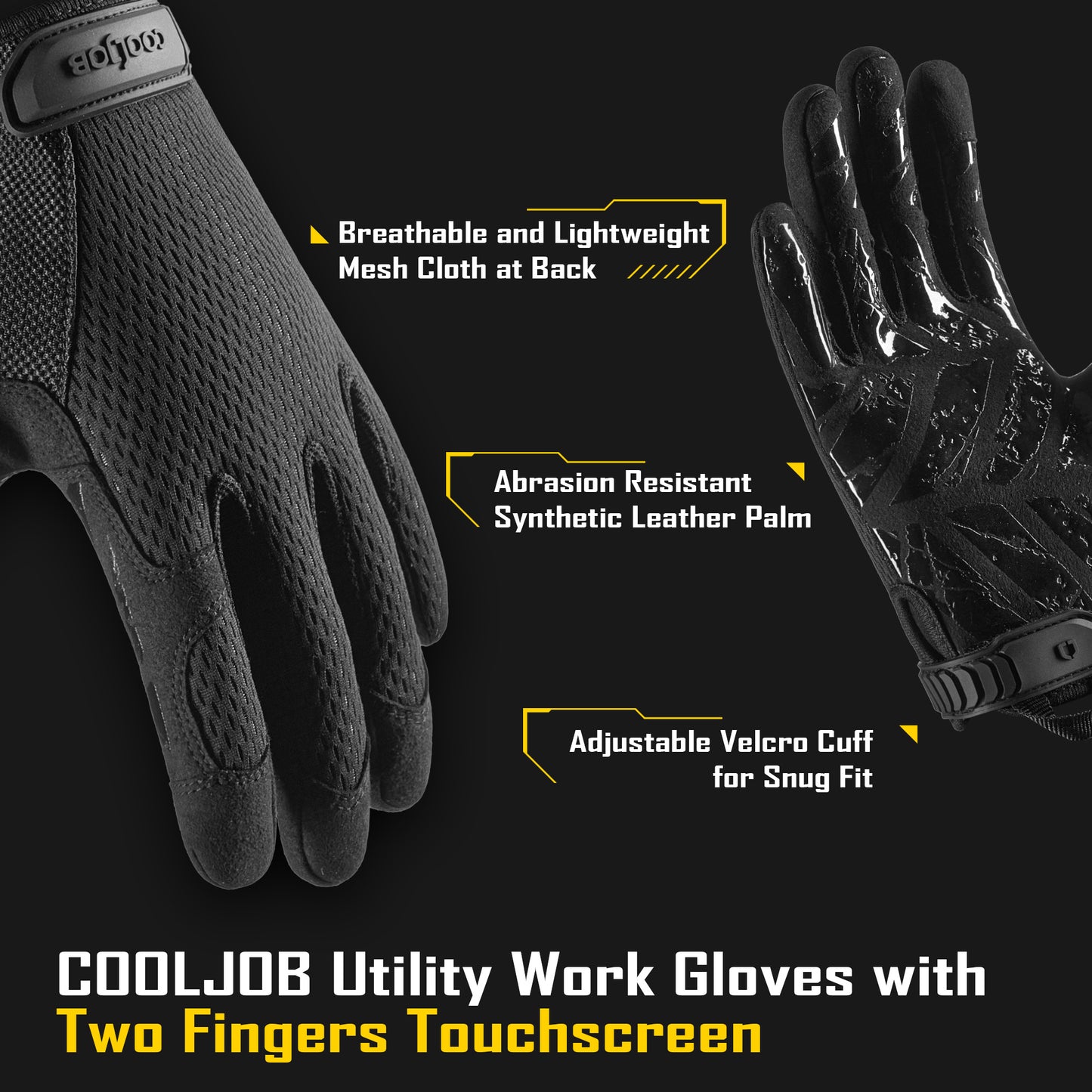 COOLJOB Mechanic Safety Work Gloves, Enhanced Anti-Slip Grip Tactical Gloves, Touchscreen (Black)