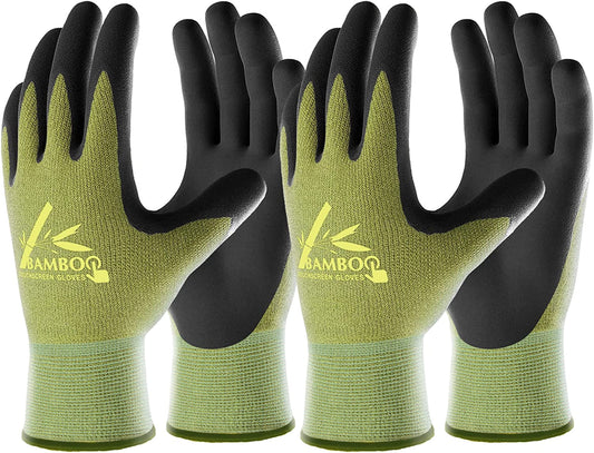 COOLJOB 2 Pairs Bamboo Touchscreen Gardening Work Gloves, Grippy Nitrile Rubber Coated