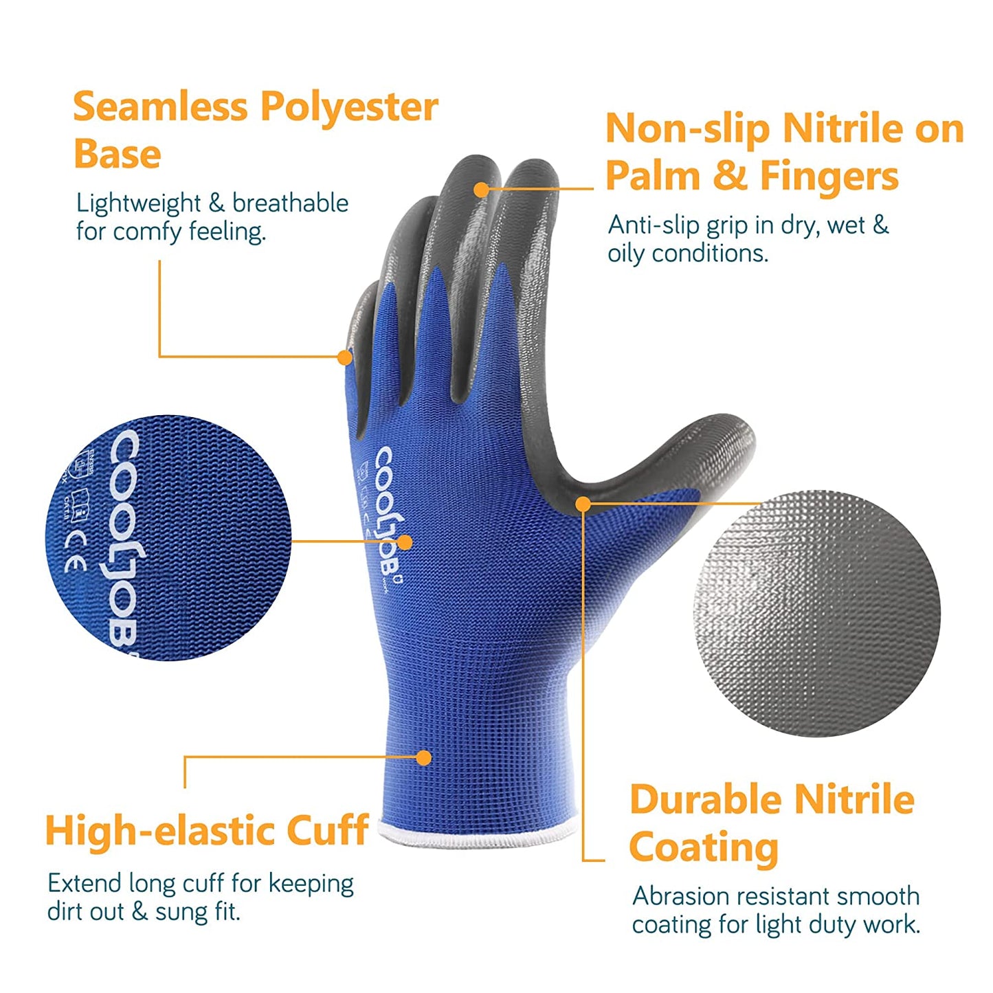 COOLJOB 10/20/60 Pairs Nitrile Dipped Safety Work Gloves with Grip, Non-slip Rubber Coated Bulk Garden Gloves