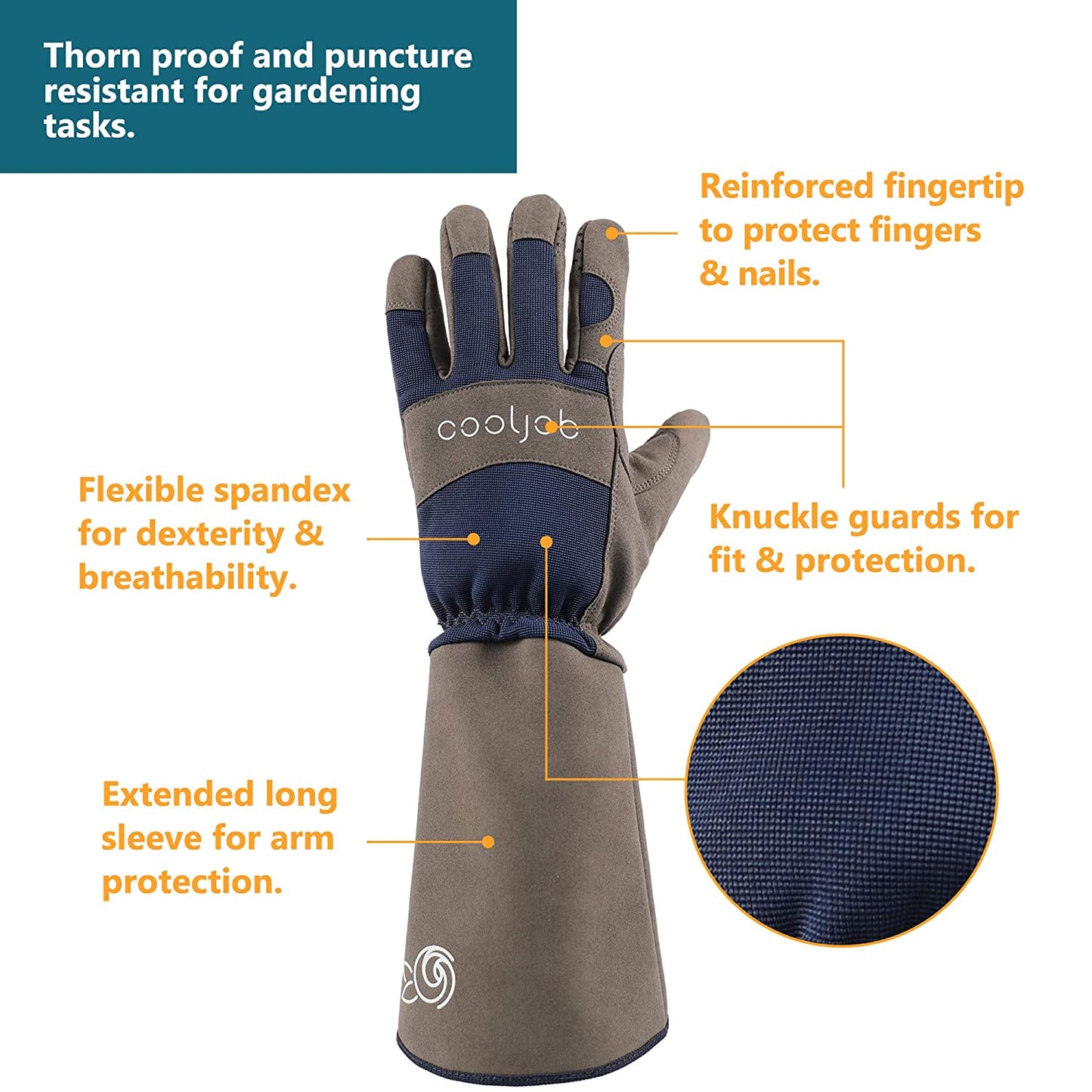 COOLJOB Thorn Proof Rose Pruning Garden Gloves, Longer Sleeve, Puncture Resistant (Blue)
