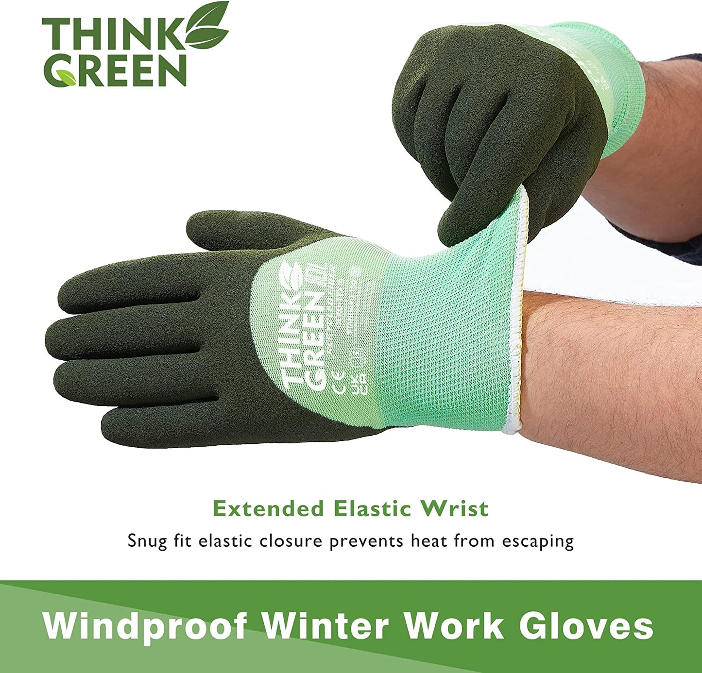 COOLJOB Think Green Thick Fleece Lined Winter Thermal Warm Freezer Work Gloves, Non-Slip Grip
