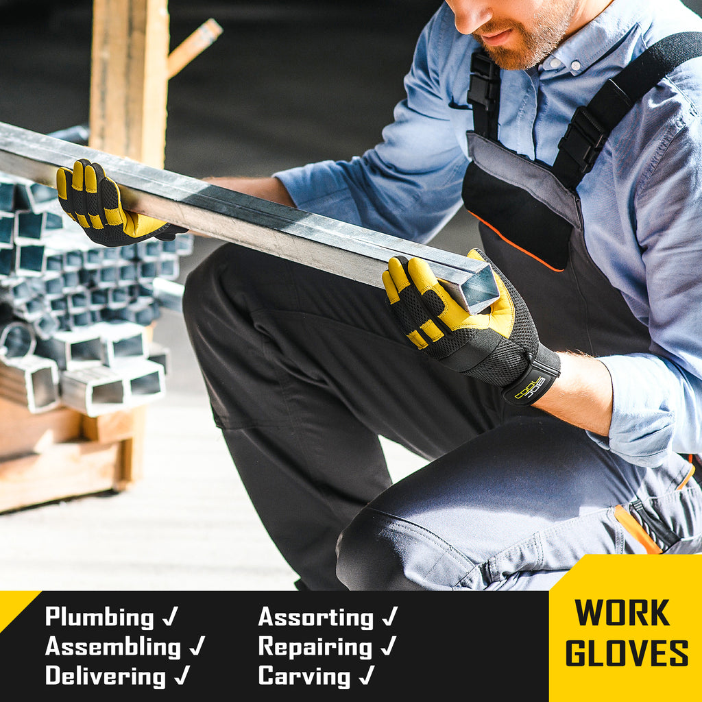 COOLJOB Breathable Mesh Cowhide Leather Work Gloves with Grip, Thorn Resistant Gloves, 1 Pair