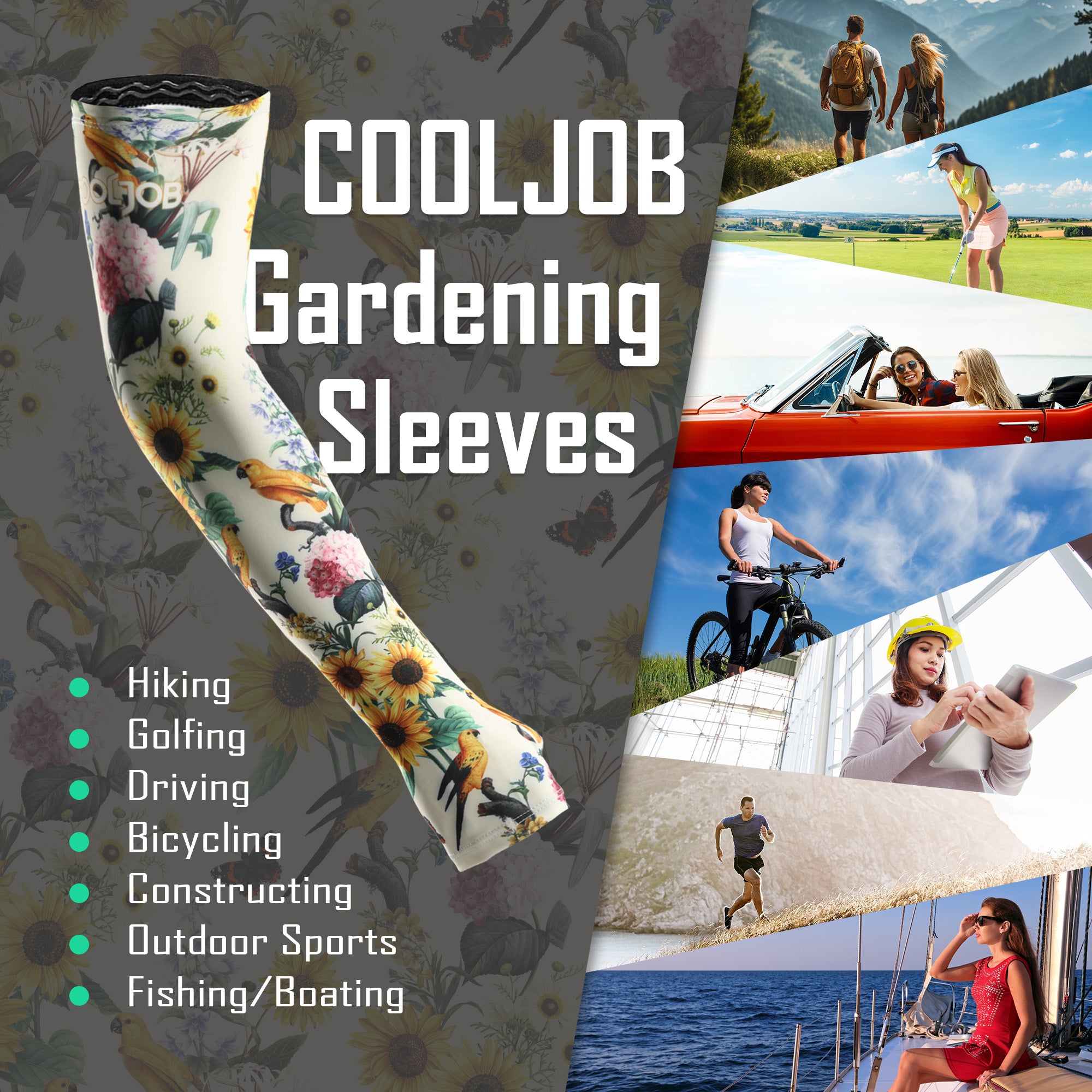 COOLJOB Gardening Sleeves UV Cooling Sun Protection Arm Cover for Women with Thumb Hole for Gardener, Farmer, Outdoor Sport (Bird Flower)