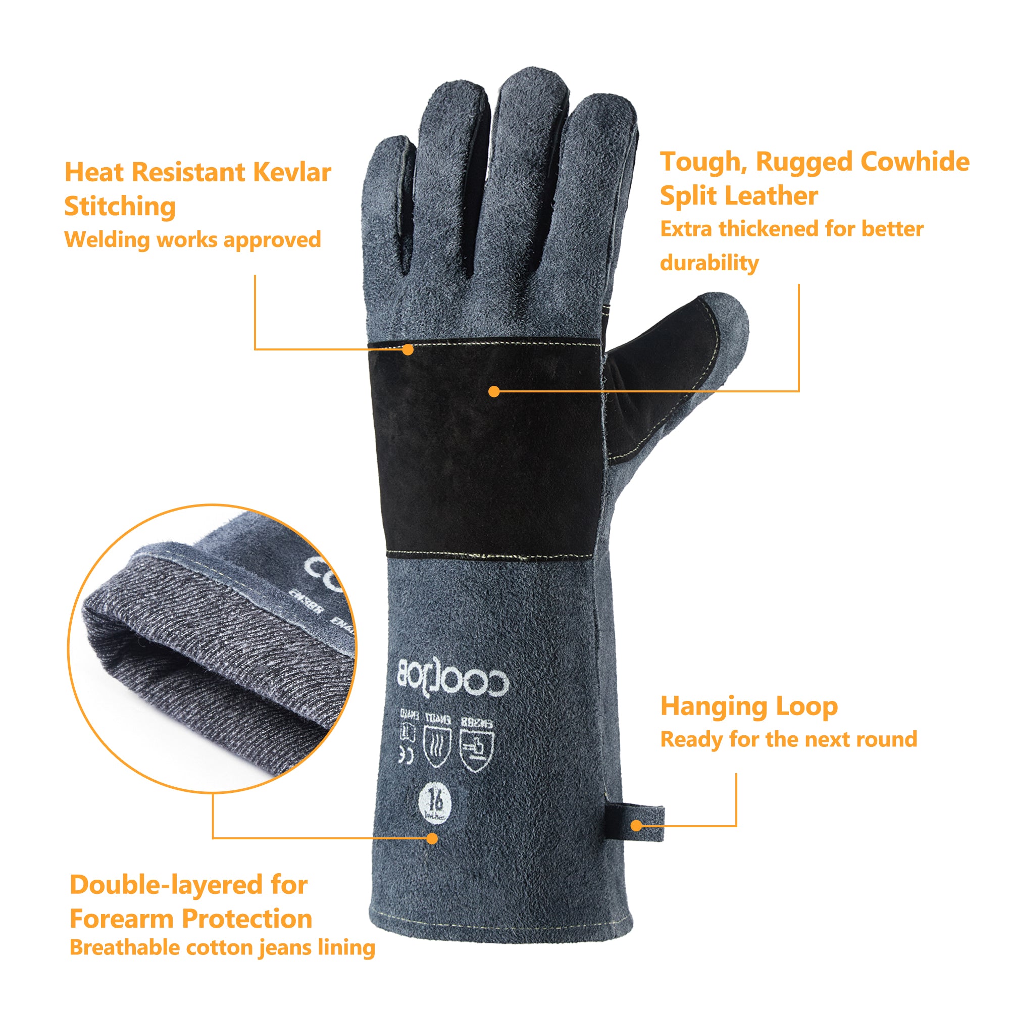 COOLJOB Bite Proof Animal Handling Gloves, Cowhide Leather with Kevlar Stitching for Cat Grooming, Dog Training, 16”