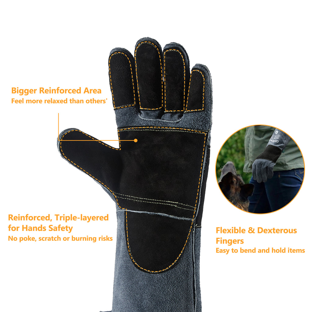 COOLJOB Bite Proof Animal Handling Gloves, Cowhide Leather with Kevlar Stitching for Cat Grooming, Dog Training, 16”