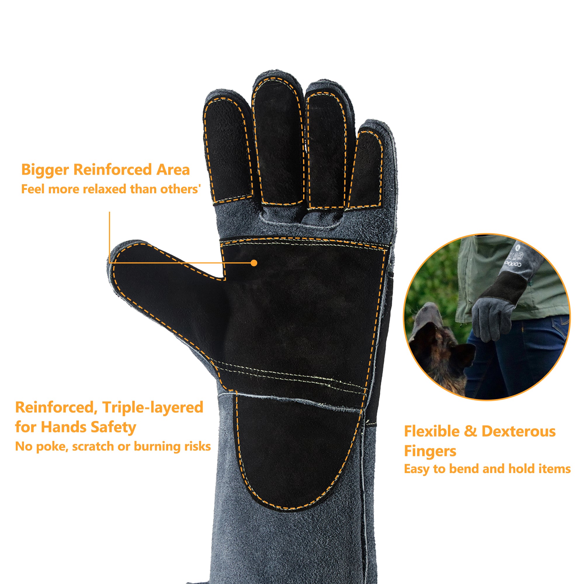COOLJOB Bite Proof Animal Handling Gloves, Cowhide Leather with Kevlar Stitching for Cat Grooming, Dog Training, 16”