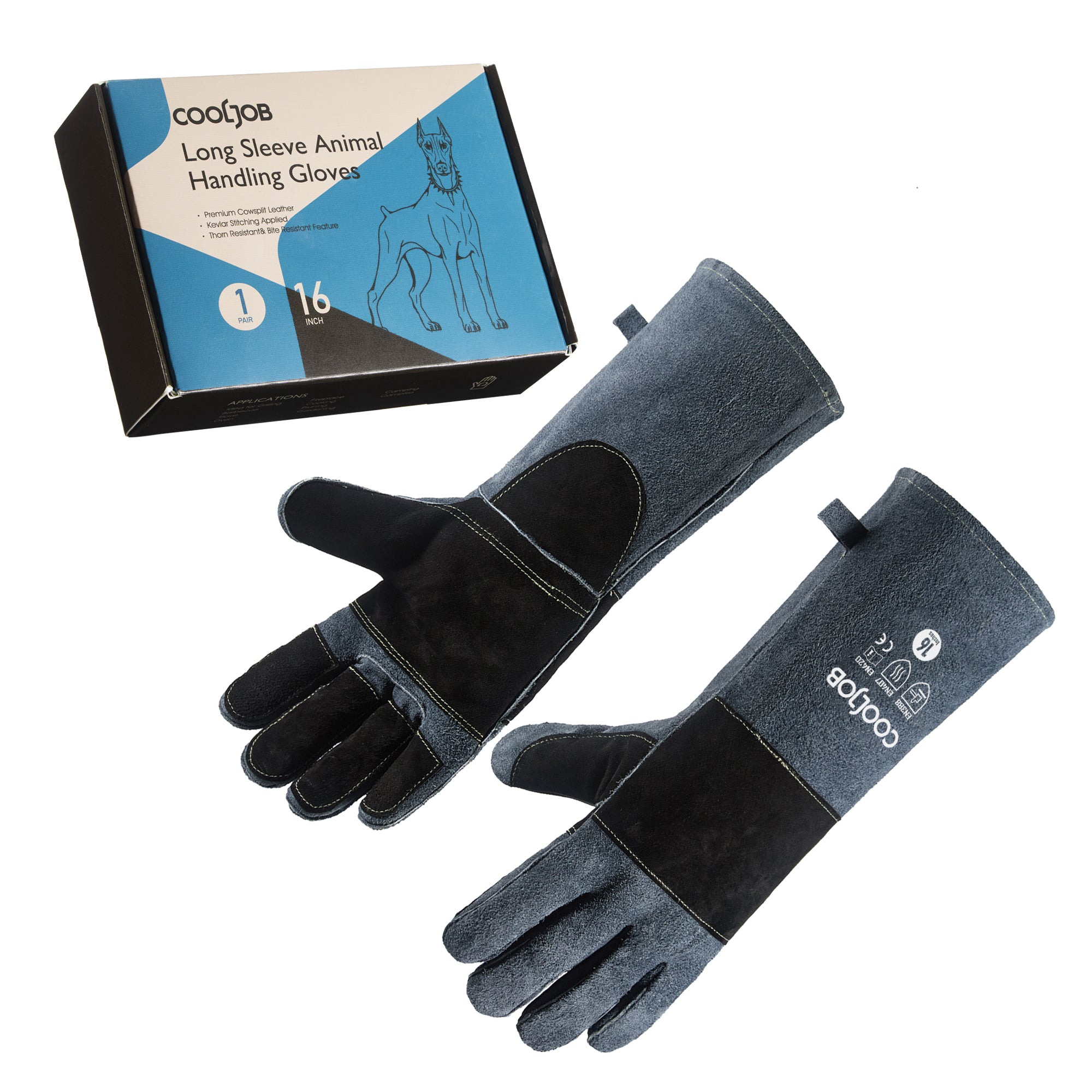 COOLJOB Bite Proof Animal Handling Gloves, Cowhide Leather with Kevlar Stitching for Cat Grooming, Dog Training, 16”