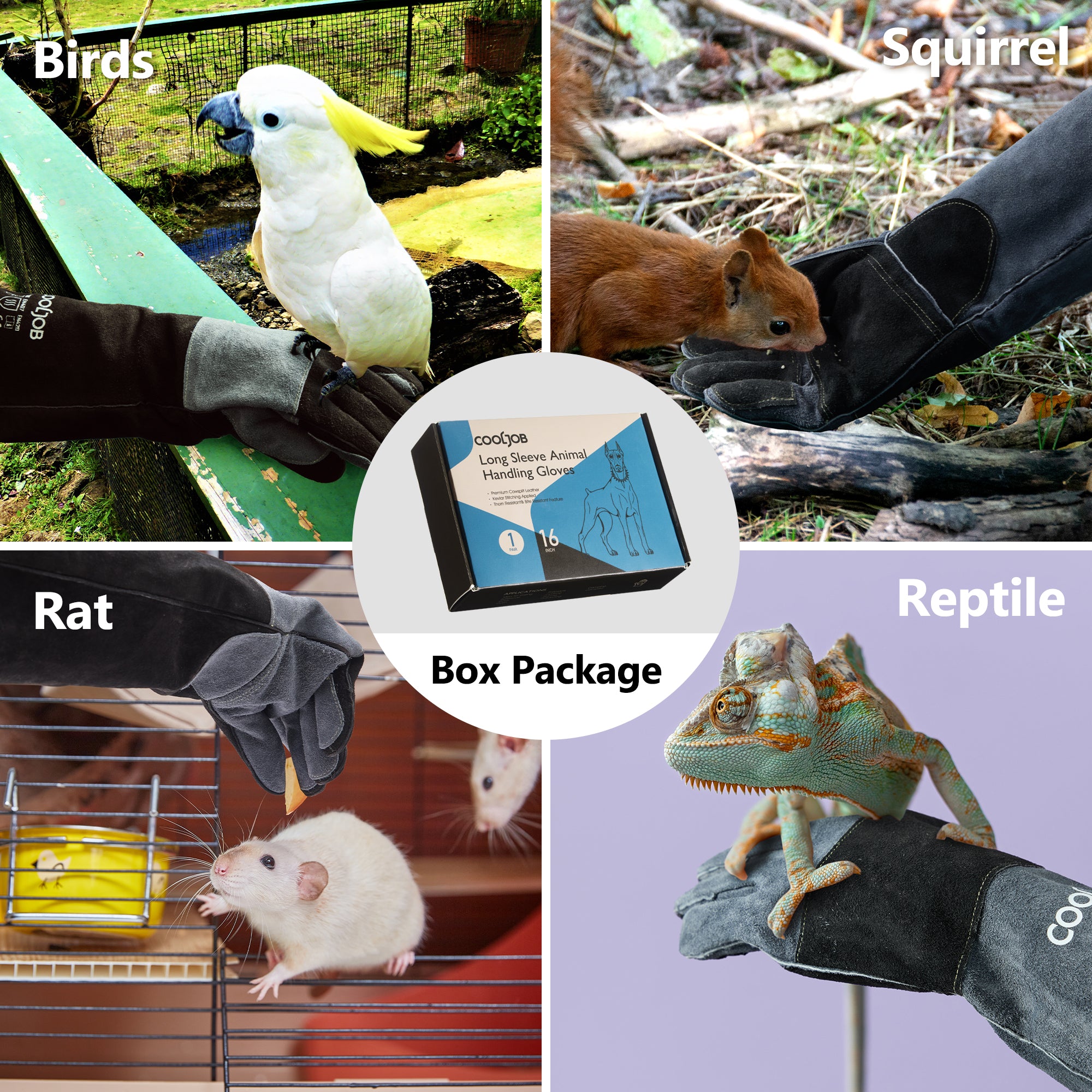 COOLJOB Bite Proof Animal Handling Gloves, Cowhide Leather with Kevlar Stitching for Cat Grooming, Dog Training, 16”