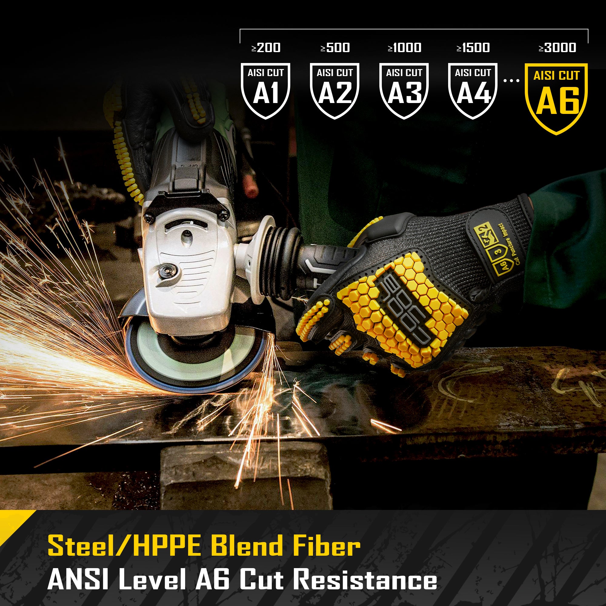 COOLJOB A6 Cut Resistant Anti Vibration Work Gloves Men, TPR Impact Reduce Mittens, Palm Rubber Patch Shock Absorption