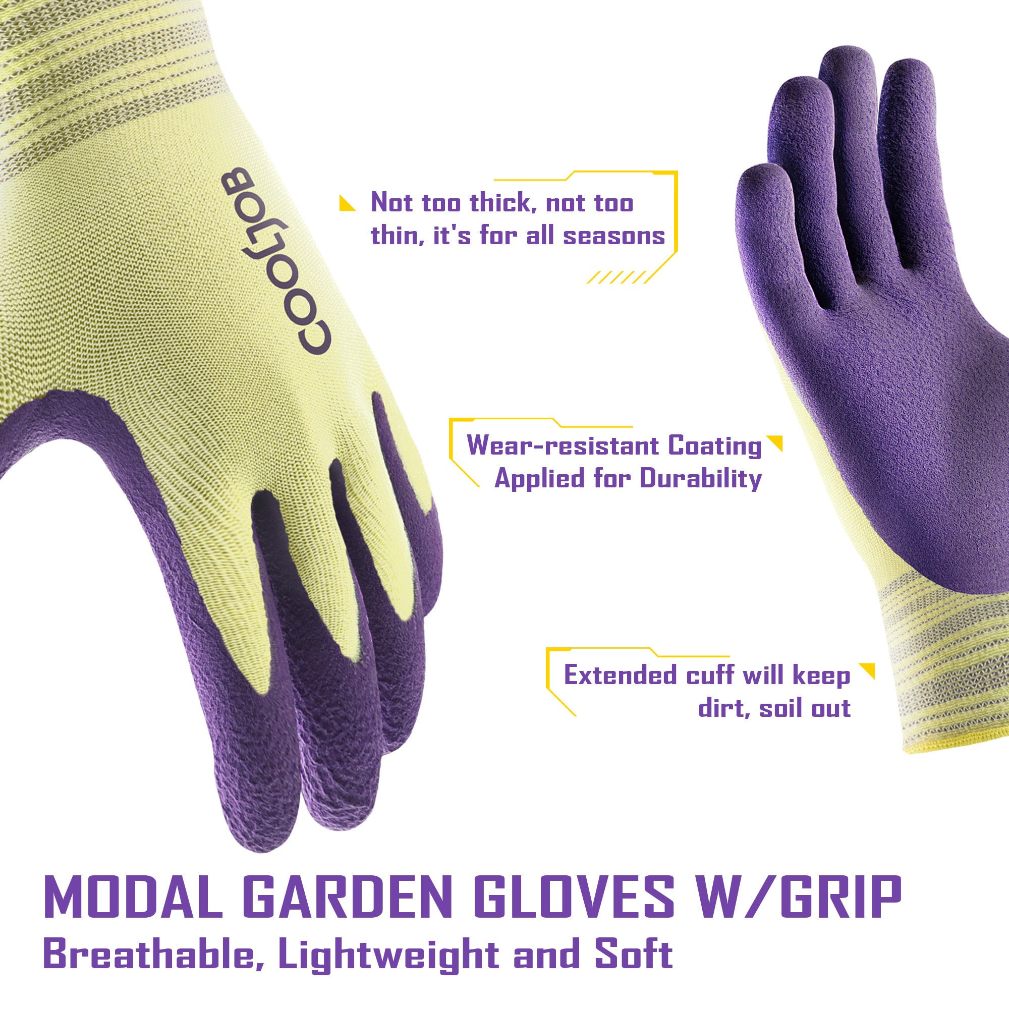 COOLJOB 2 Pairs Breathable Gardening Gloves, Stretch Soft Modal Base with Non Slip Rubber Coating