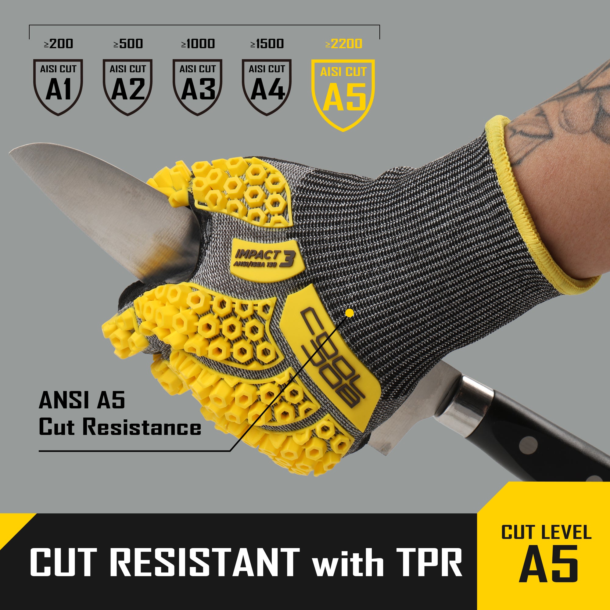 COOLJOB A5 Cut Resistant Gloves with Impact Resistant TPR, 1/3 Pair
