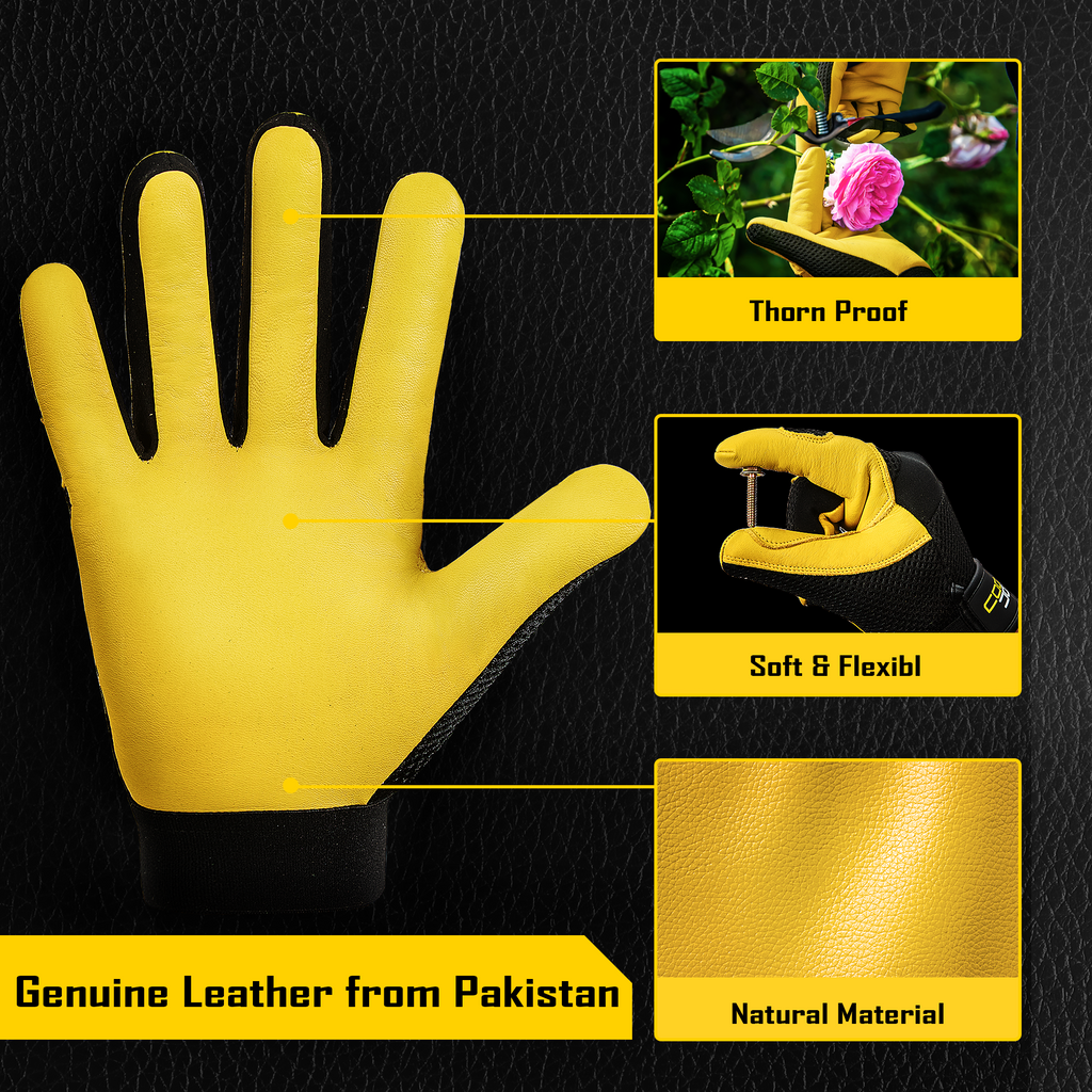COOLJOB Breathable Mesh Cowhide Leather Work Gloves with Grip, Thorn Resistant Gloves, 1 Pair
