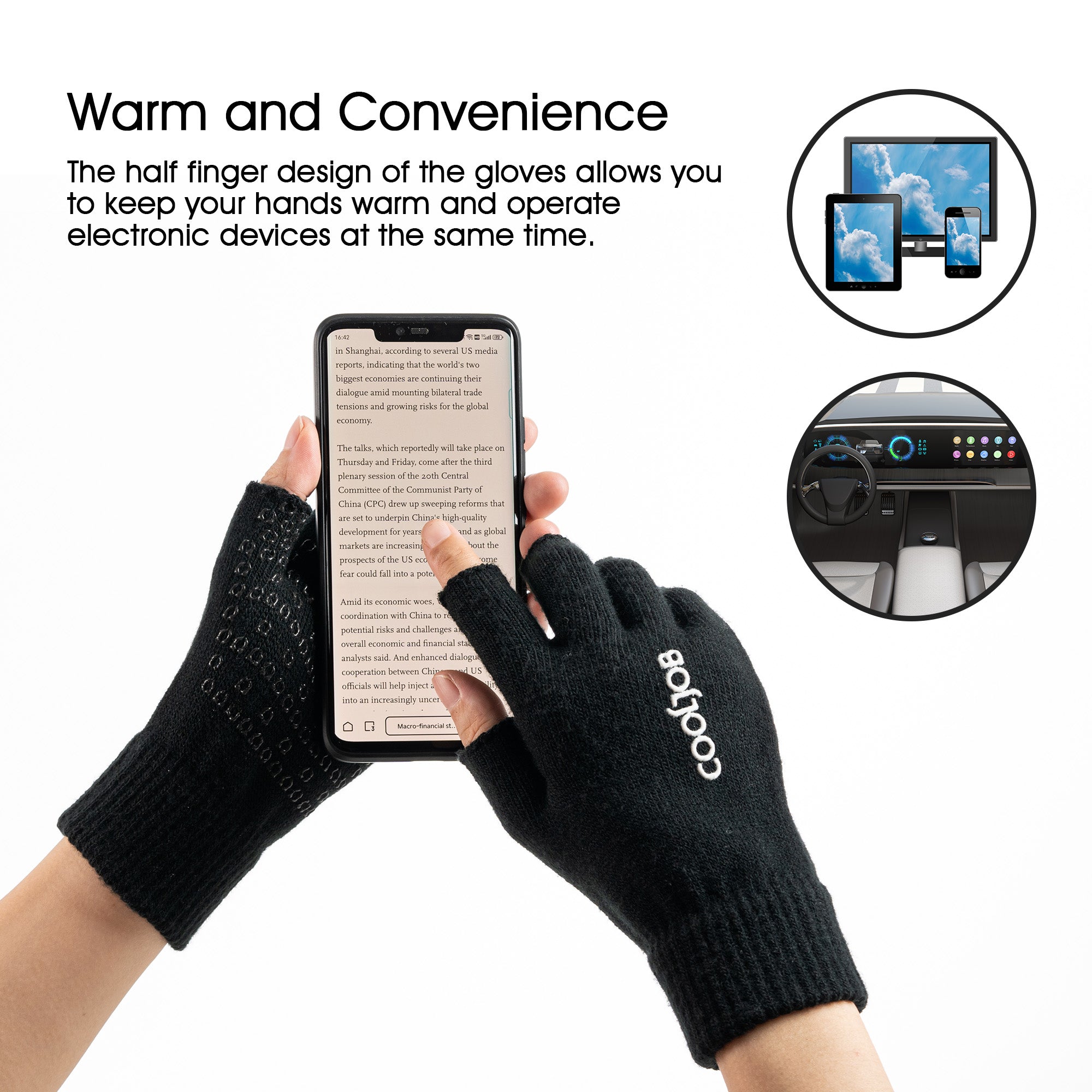 COOLJOB 2 Pairs Warm Knit Fingerless Gloves, Half Finger Winter Stretchy Mittens with Non-Slip Silicone Grip