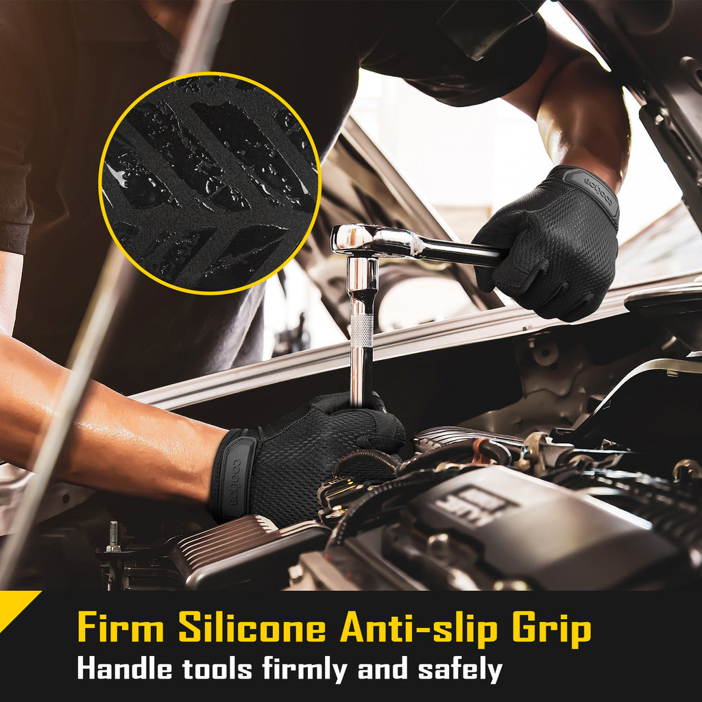 COOLJOB Mechanic Safety Work Gloves, Enhanced Anti-Slip Grip Tactical Gloves, Touchscreen (Black)