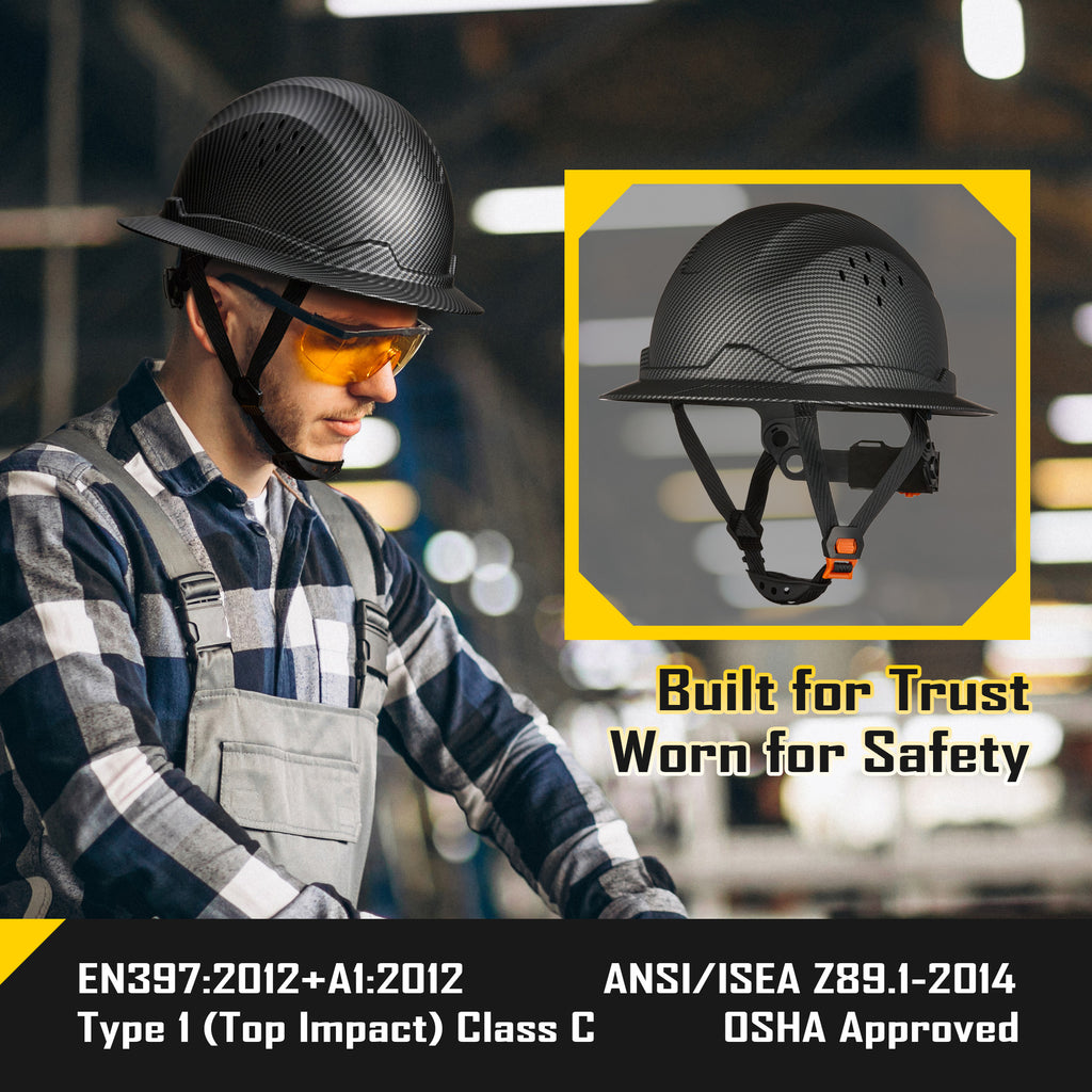 COOLJOB Full Brim Hard Hat, Vented Construction Safety Helmet OSHA Approved, 6-Point Ratchet Suspension