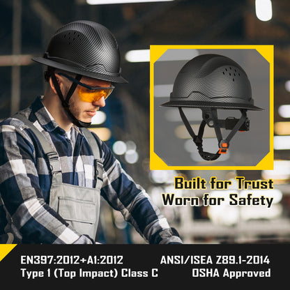 COOLJOB Full Brim Hard Hat, Vented Construction Safety Helmet OSHA Approved, 6-Point Ratchet Suspension