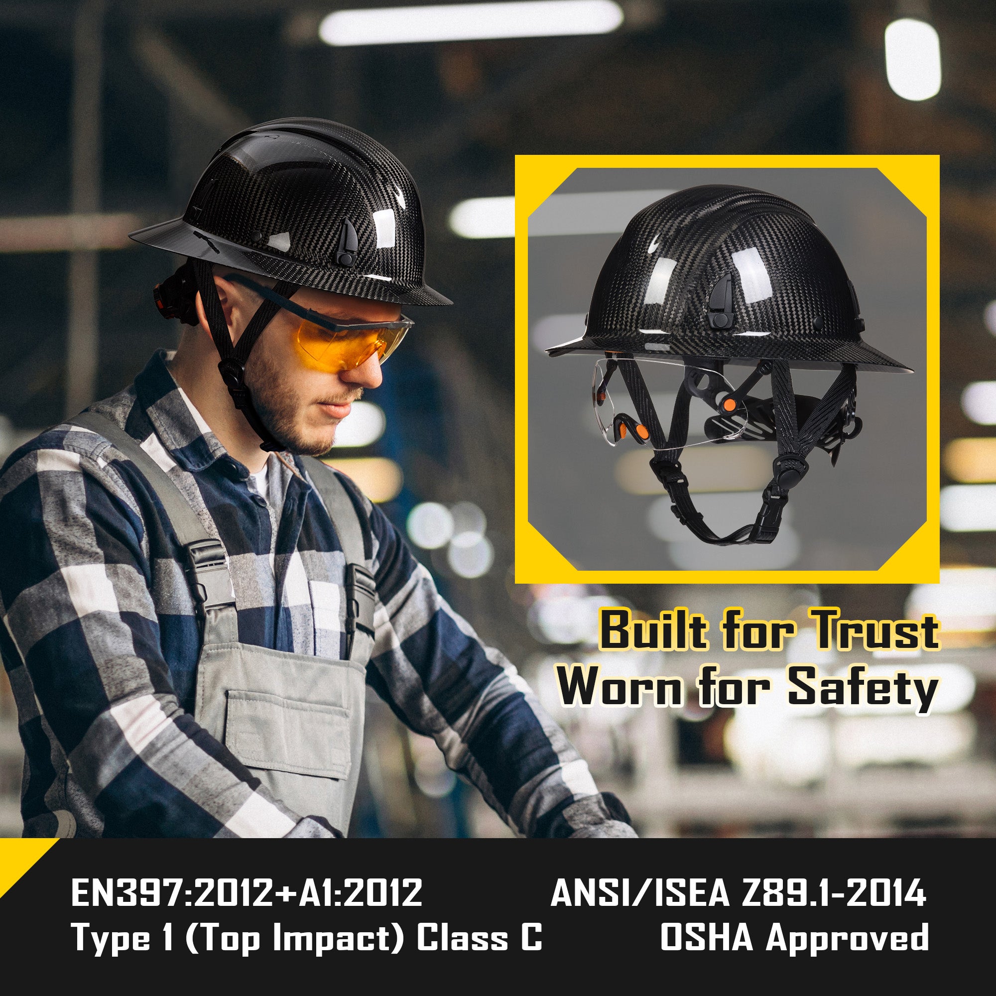 COOLJOB Carbon Fiber Hard Hat with Safety Goggle, Full Brim Safety Helmet OSHA Approved, 6-Point Ratchet Suspension, Type 1 Class E G &C, Black
