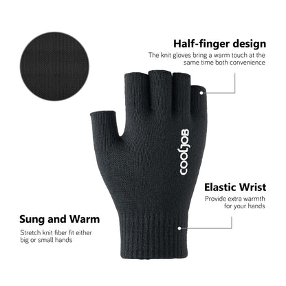 COOLJOB 2 Pairs Warm Knit Fingerless Gloves, Half Finger Winter Stretchy Mittens with Non-Slip Silicone Grip