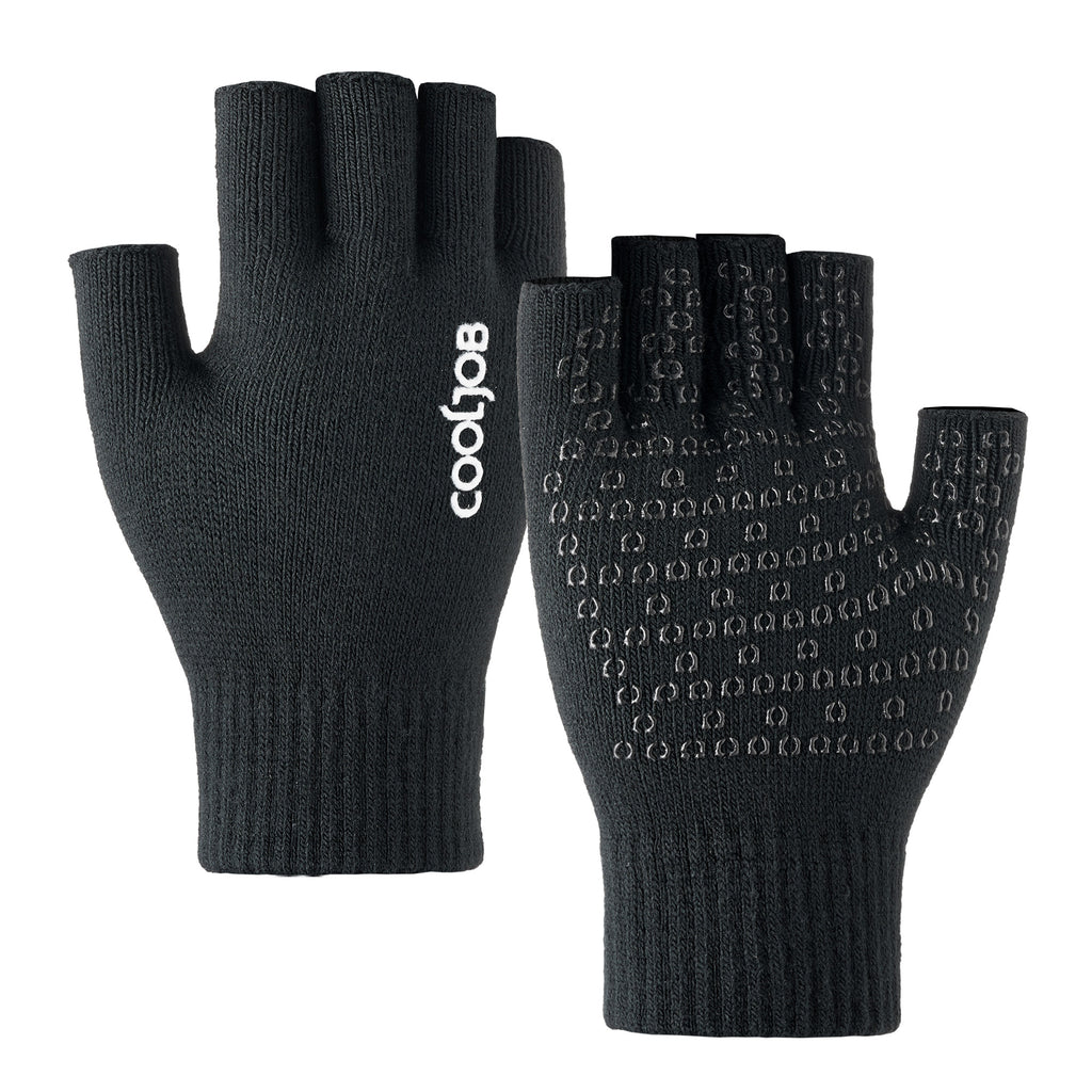 COOLJOB 2 Pairs Warm Knit Fingerless Gloves, Half Finger Winter Stretchy Mittens with Non-Slip Silicone Grip