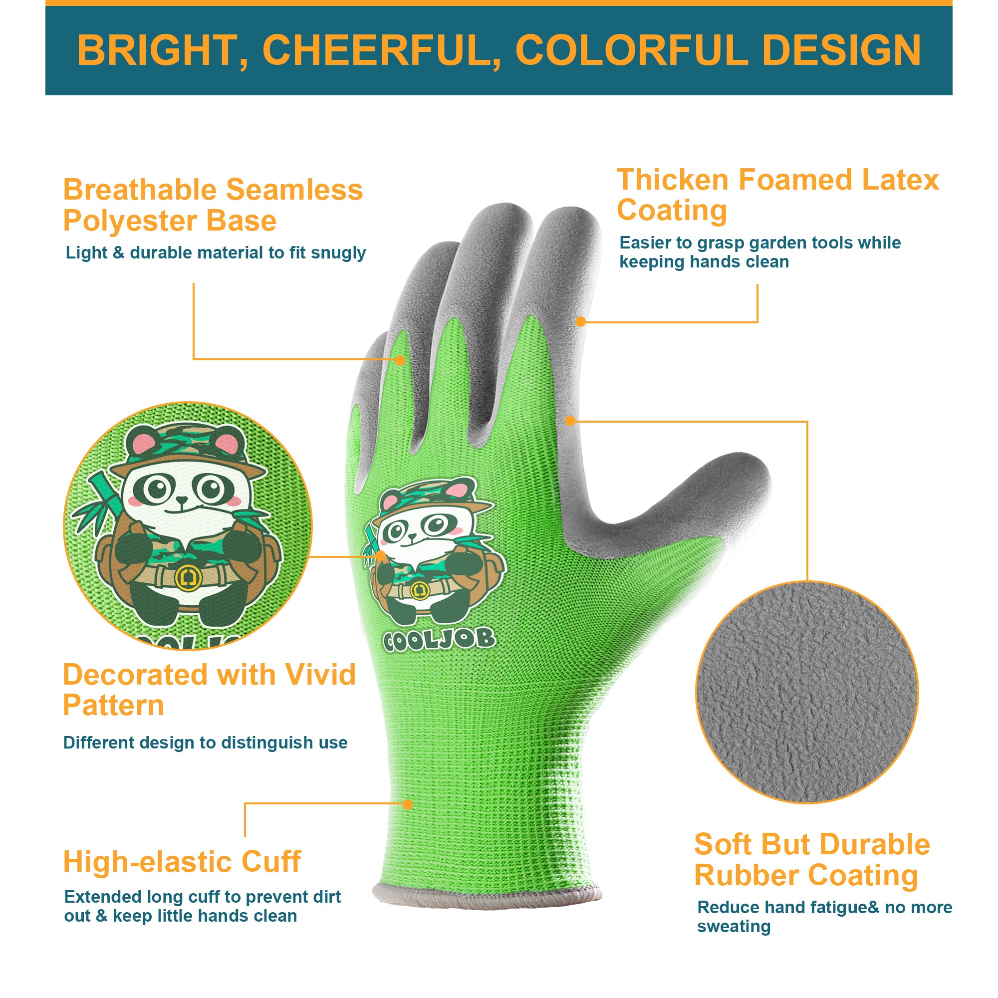 COOLJOB 3 Pairs Kids Gloves, Grippy Rubber Coated Garden Work Gloves for Children, Red & Green & Blue
