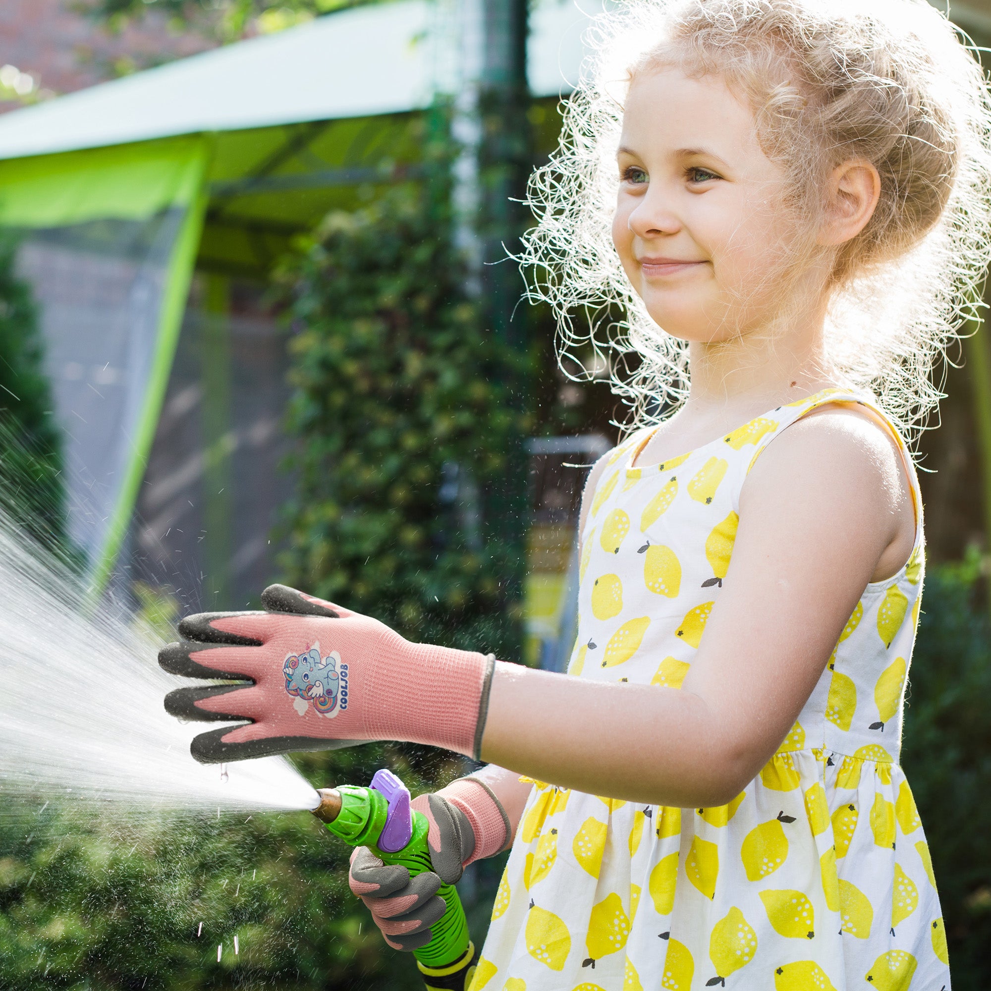 COOLJOB 3 Pairs Kids Gloves, Grippy Rubber Coated Garden Work Gloves for Children, Purple & Pink & Yellow