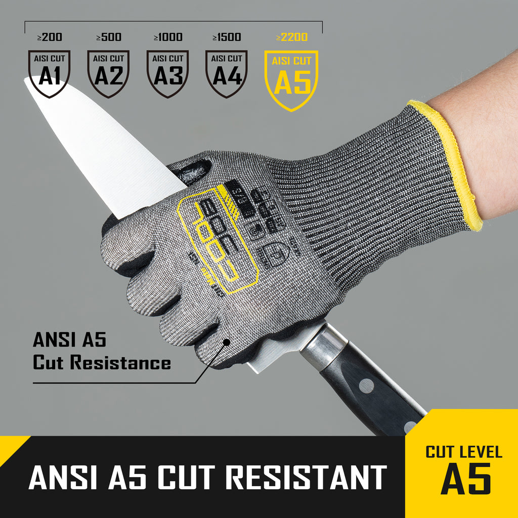 COOLJOB ANSI A5 Cut Resistant Gloves - 1/3/12 Pairs, Nitrile Rubber Dipped Safety Work Gloves for Men, Knife Proof with Grip Coating