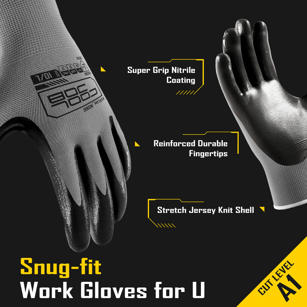 COOLJOB 10/20/60 Pairs Nitrile Dipped Safety Work Gloves with Grip, Non-slip Rubber Coated Bulk Garden Gloves