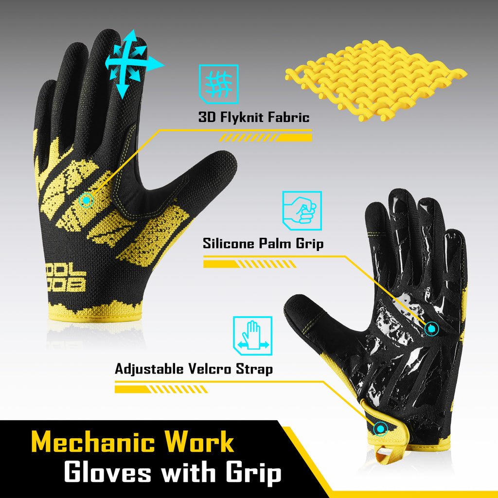 COOLJOB Breathable Men’s Work Gloves with Silicone Grip, Touchscreen Mechanic Gloves (Black, Grey)