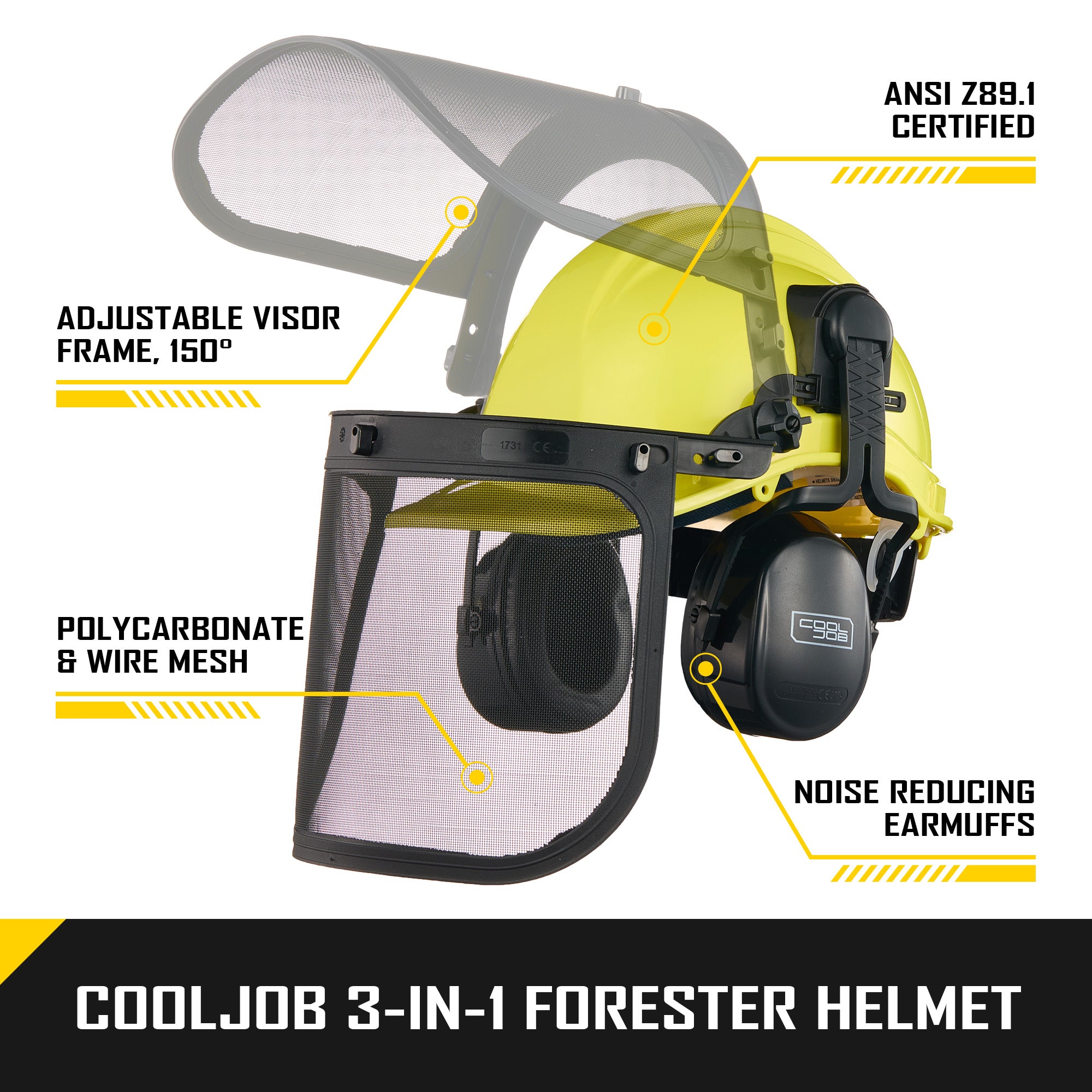 COOLJOB Safety Chainsaw Helmet with Metal Mesh Face Shield, Adjustable Ear Muffs for Protection, 3 in 1 Hard Hat for Forestry