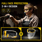 COOLJOB Safety Goggles with Face Shield, designed to be worn over glasses, featuring anti-fog clear lenses, ANSI Z87.1 impact resistance, UV protection, and an adjustable headband.