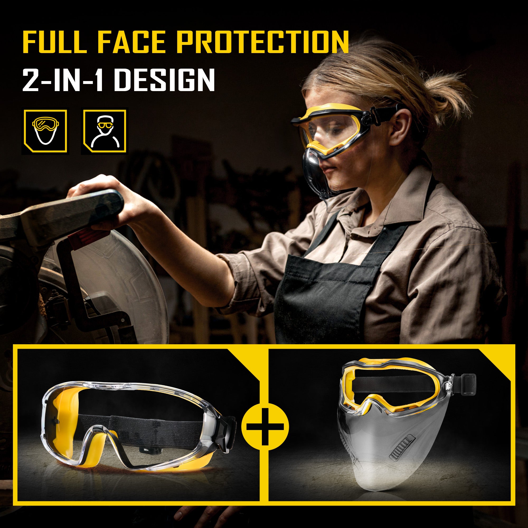 COOLJOB Safety Goggles with Face Shield, designed to be worn over glasses, featuring anti-fog clear lenses, ANSI Z87.1 impact resistance, UV protection, and an adjustable headband.