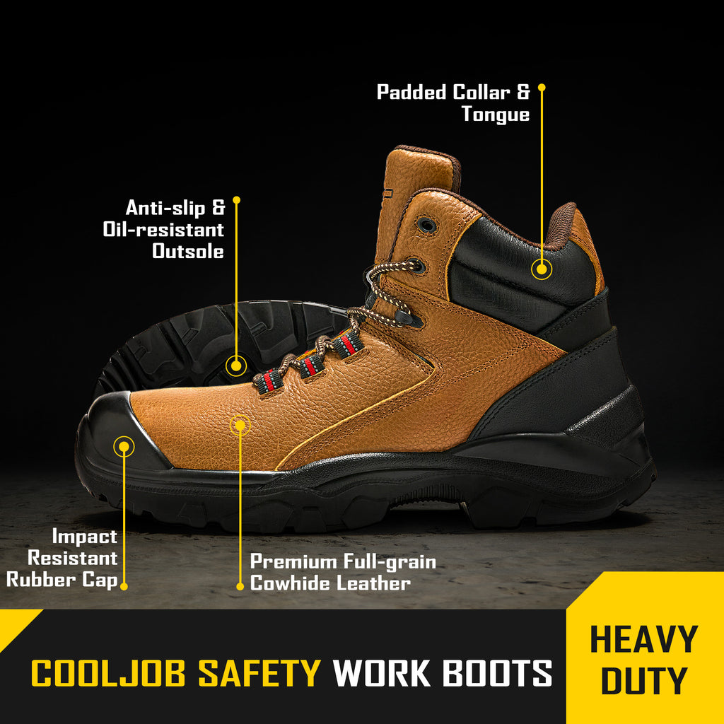 COOLJOB Steel Toe Work Boots for Men, Anti-spark Full Grain Leather Safety Shoes, Non-slip PU Outsole, Brown