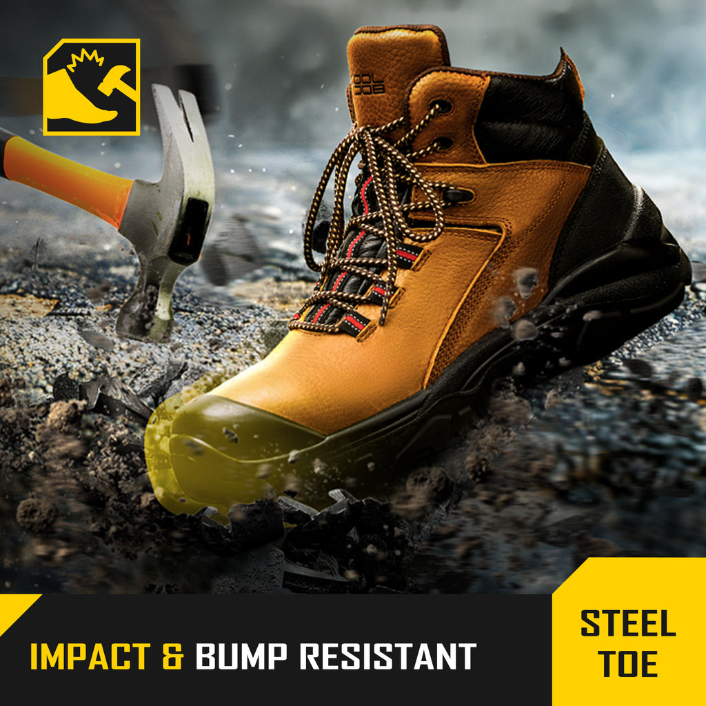 COOLJOB Steel Toe Work Boots for Men, Anti-spark Full Grain Leather Safety Shoes, Non-slip PU Outsole, Brown