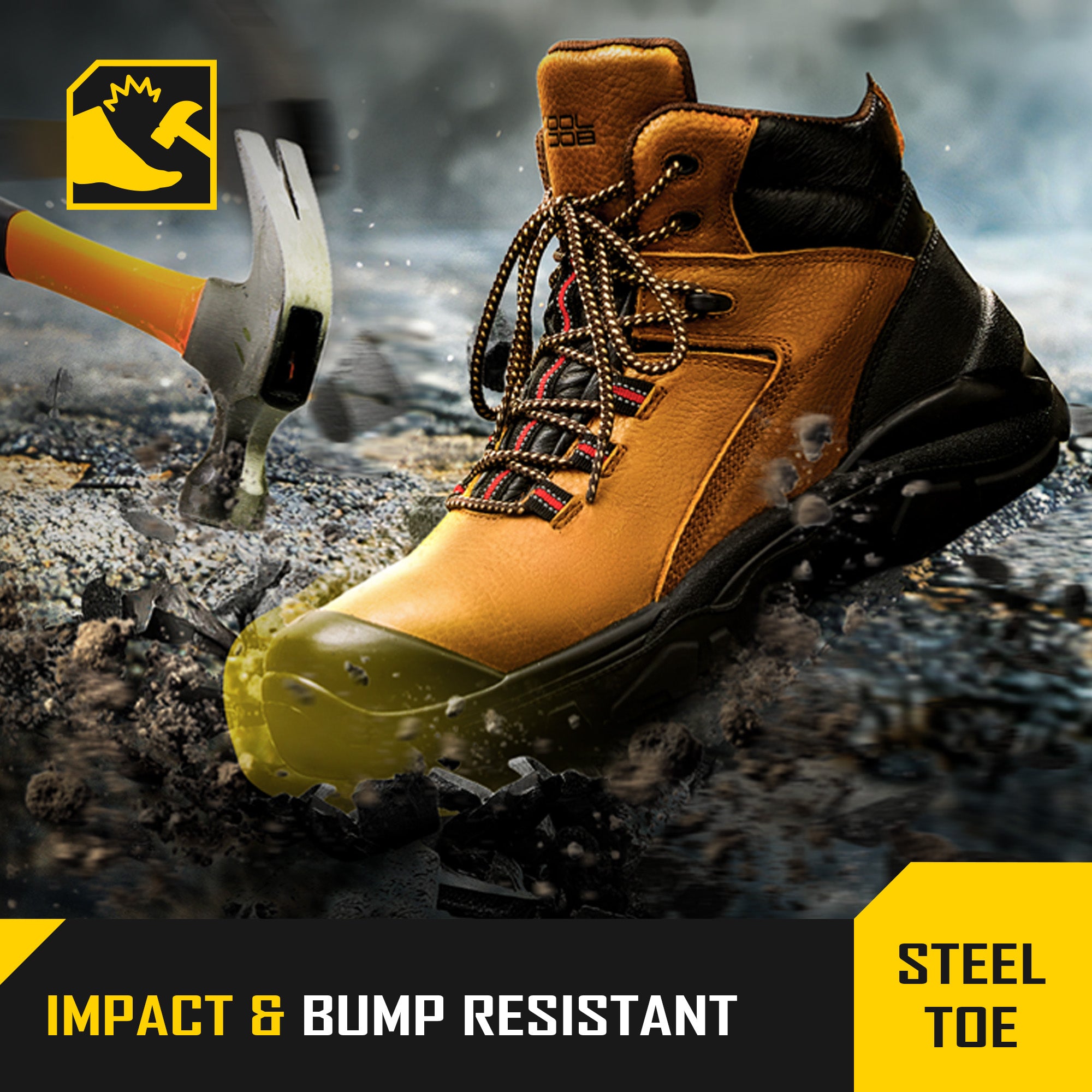 COOLJOB Steel Toe Work Boots for Men, Anti-spark Full Grain Leather Safety Shoes, Non-slip PU Outsole, Brown