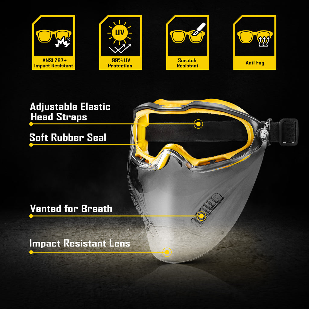 COOLJOB Safety Goggles with Face Shield, designed to be worn over glasses, featuring anti-fog clear lenses, ANSI Z87.1 impact resistance, UV protection, and an adjustable headband.